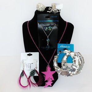 COSTUME All New Jewelry - 7 Fun Pieces - Sequins, Feathers & Rhinestone Crystals